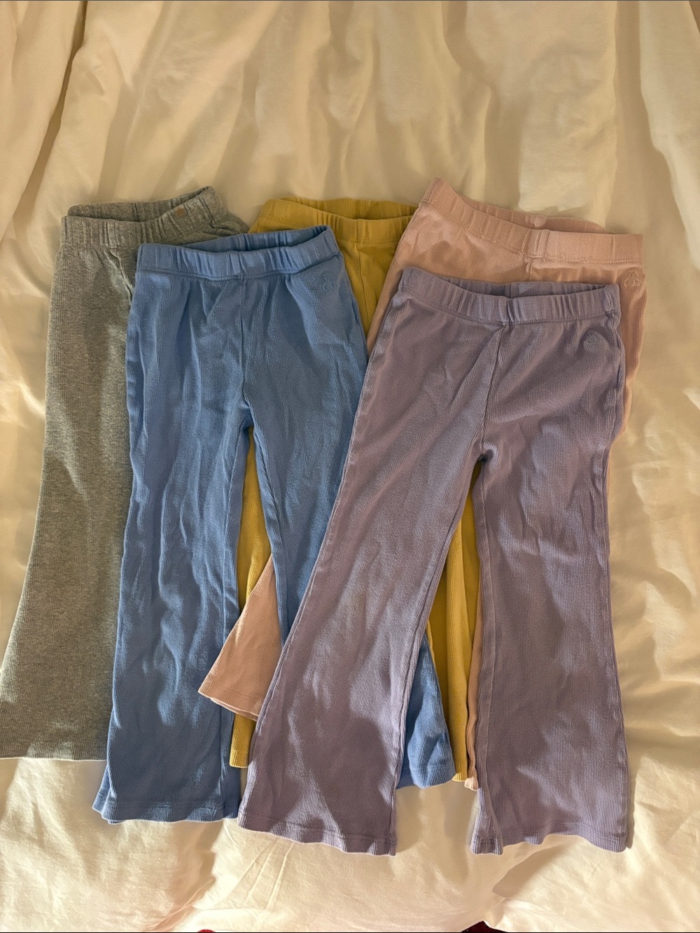 Lot of GAP ribbed bell bottoms in Blue, Gray, Yellow, Pink, Lavender all size 4.